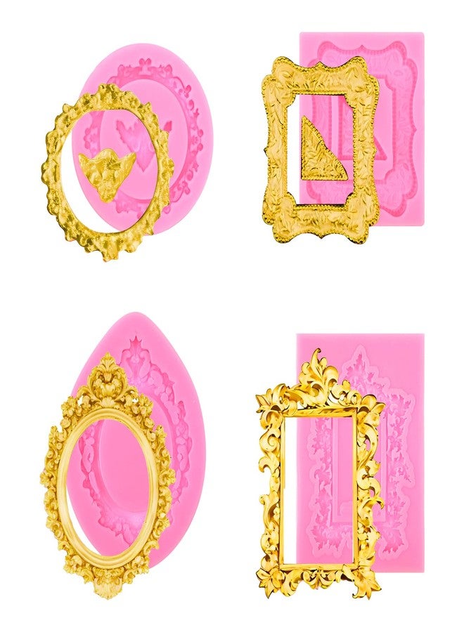 AOZUO 4 Pcs Silicone Picture Frame Mold, Pink Vintage Candy Fondant Molds, Baroque Chocolate Molds for Cupcake Topper Candy Polymer Clay Gum Paste Air Dry Clay Cake Decoration - Image 1