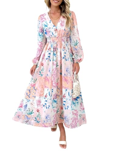 Maxigerui Women's Long Sleeve Floral Maxi Dress 2026 Spring Summer Wedding Guest Dress Pink Blue Pastel Floral S - Image 1
