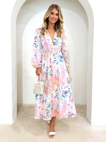 Maxigerui Women's Long Sleeve Floral Maxi Dress 2026 Spring Summer Wedding Guest Dress Pink Blue Pastel Floral S - Image 4