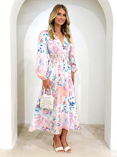 Maxigerui Women's Long Sleeve Floral Maxi Dress 2026 Spring Summer Wedding Guest Dress Pink Blue Pastel Floral S - Image 5