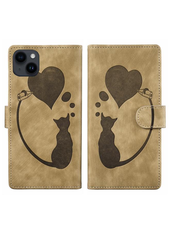 جراب هاتف جلدي منقوش عليه صورة قطة على شكل قلب لهاتف iPhone 14 (مشمشي)