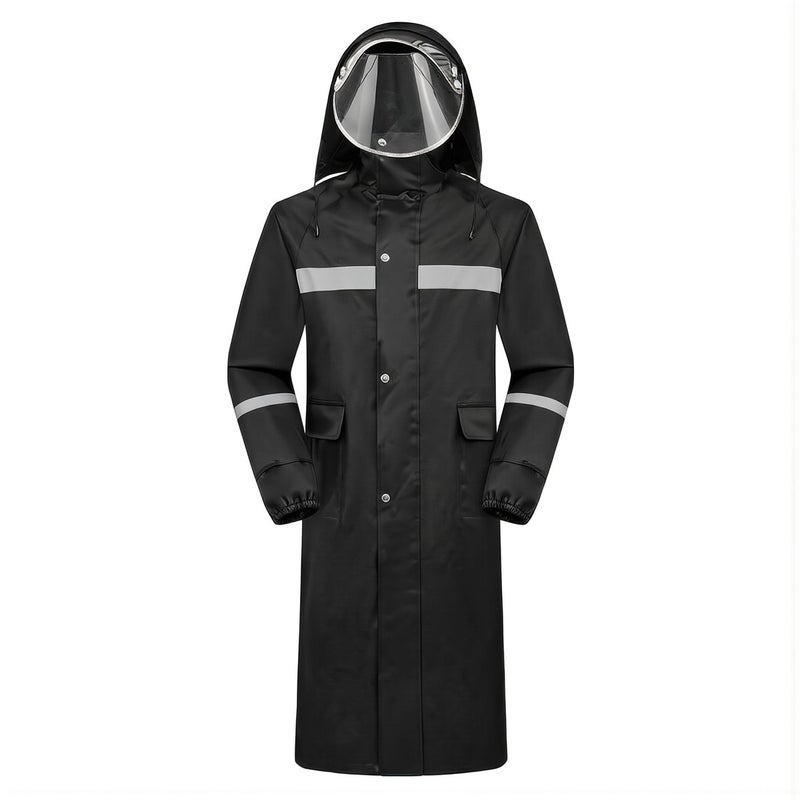 Long Rain Coat M Size Black Polyester Waterproof Rainwear Reflective Strip For Work - Image 3