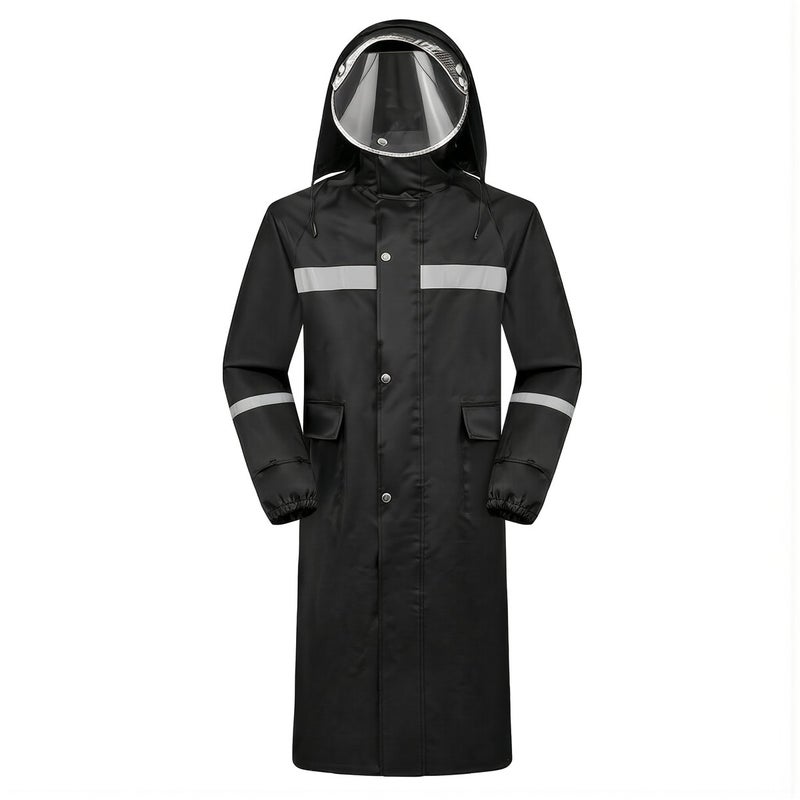 Long Rain Coat M Size Black Polyester Waterproof Rainwear Reflective Strip For Work - Image 1