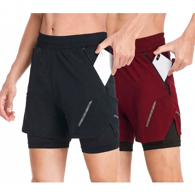 2-In-1 Running Shorts: L Size Black & Red Quick-Drying Elastic Fabric - Built-In Thigh Support Side Zipper Pockets, Reflective Strips for Nighttime Men’s Sports Training - Image 1