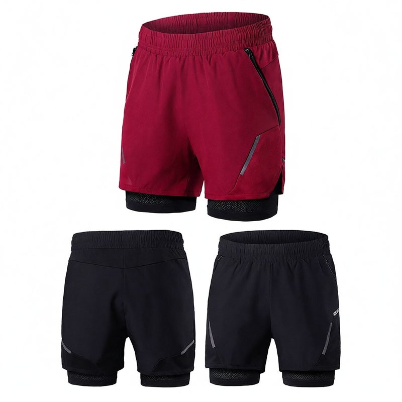 2-In-1 Running Shorts: L Size Black & Red Quick-Drying Elastic Fabric - Built-In Thigh Support Side Zipper Pockets, Reflective Strips for Nighttime Men’s Sports Training - Image 4