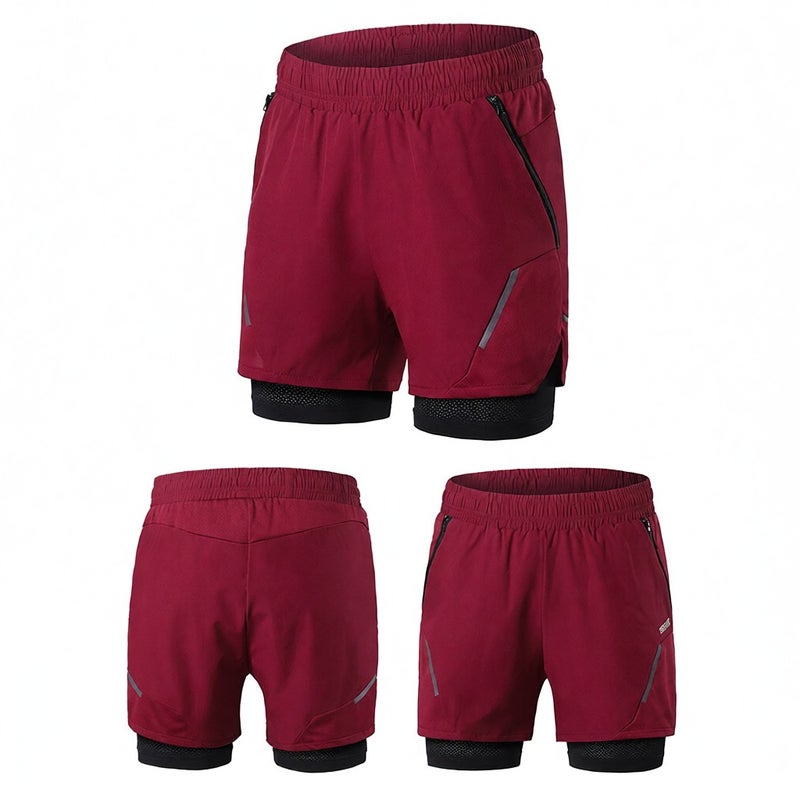 2-In-1 Running Shorts: L Size Black & Red Quick-Drying Elastic Fabric - Built-In Thigh Support Side Zipper Pockets, Reflective Strips for Nighttime Men’s Sports Training - Image 5