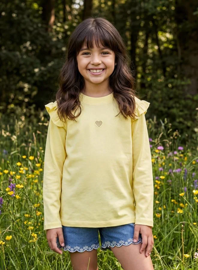 جلو باص Globus Girls Yellow Round Neck Long Sleeves Ruffle Detail T-Shirt