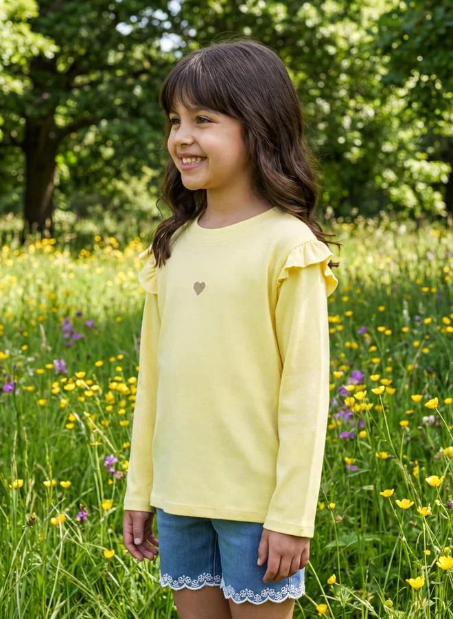 جلو باص Globus Girls Yellow Round Neck Long Sleeves Ruffle Detail T-Shirt