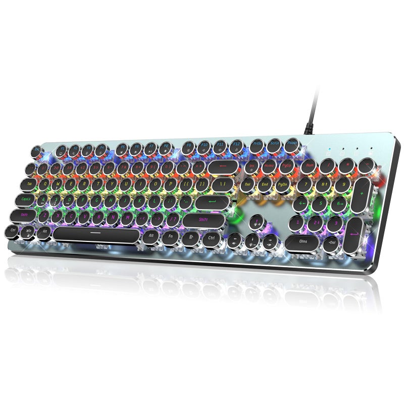 RisoPhy Typewriter Style Mechanical Gaming Keyboard, Metal Panel, Retro Punk Round Keycaps, Clicky Blue Switch, Rainbow LED Backlit, 104 Keys Wired Keyboard, Round Keycaps for PC Laptop Mac Gamer - Image 1