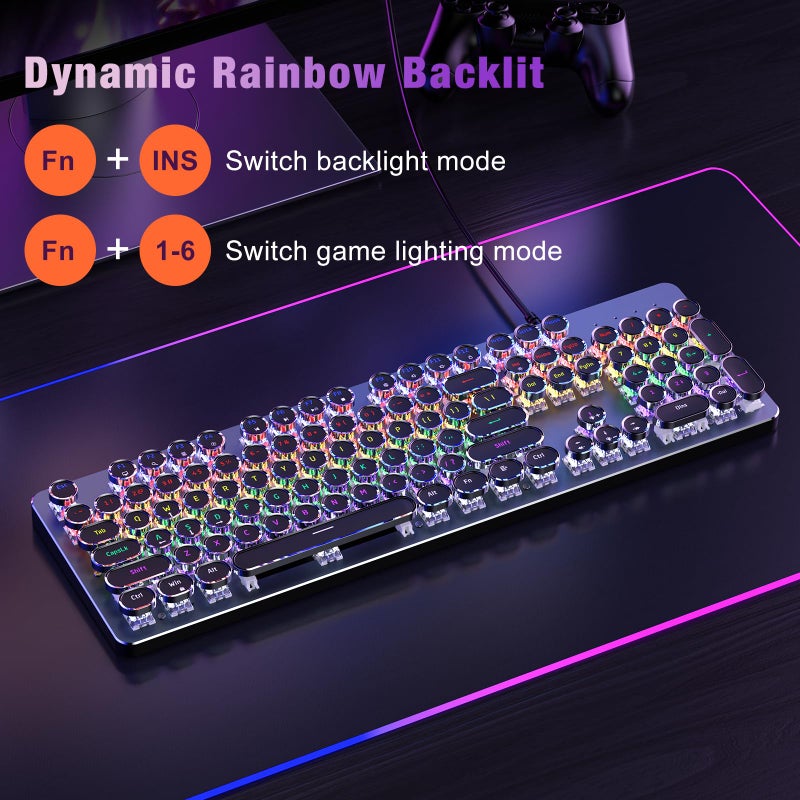 RisoPhy Typewriter Style Mechanical Gaming Keyboard, Metal Panel, Retro Punk Round Keycaps, Clicky Blue Switch, Rainbow LED Backlit, 104 Keys Wired Keyboard, Round Keycaps for PC Laptop Mac Gamer - Image 3