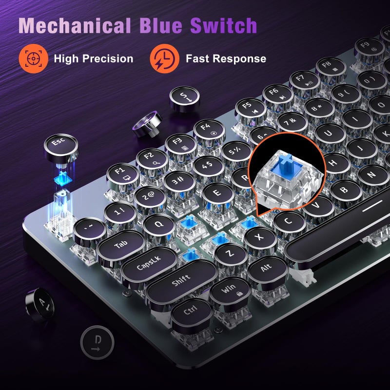 RisoPhy Typewriter Style Mechanical Gaming Keyboard, Metal Panel, Retro Punk Round Keycaps, Clicky Blue Switch, Rainbow LED Backlit, 104 Keys Wired Keyboard, Round Keycaps for PC Laptop Mac Gamer - Image 4