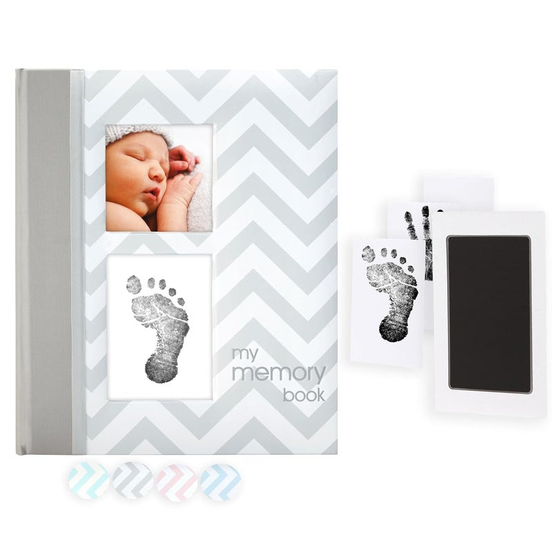 pearhead First 5 Years Chevron Baby Memory Book, Clean-Touch Safe Ink Pad for Baby’s Handprint or Footprint, Gender Neutral Milestone And Pregnancy Gray - Image 1