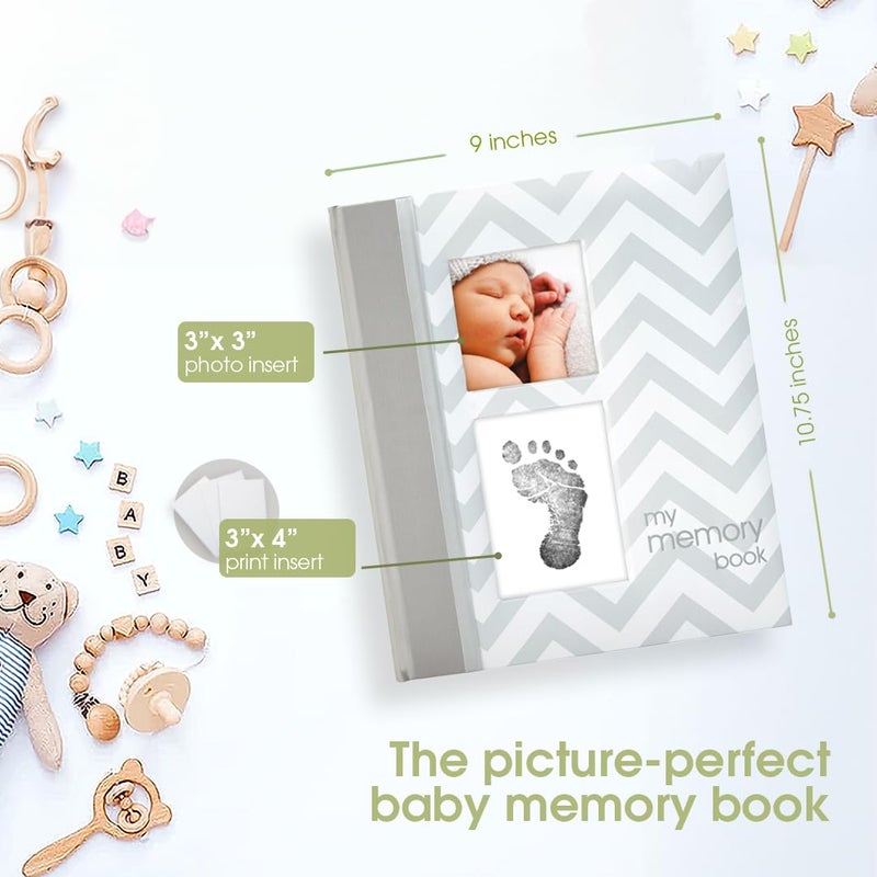 pearhead First 5 Years Chevron Baby Memory Book, Clean-Touch Safe Ink Pad for Baby’s Handprint or Footprint, Gender Neutral Milestone And Pregnancy Gray - Image 2
