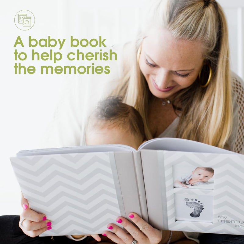 pearhead First 5 Years Chevron Baby Memory Book, Clean-Touch Safe Ink Pad for Baby’s Handprint or Footprint, Gender Neutral Milestone And Pregnancy Gray - Image 3