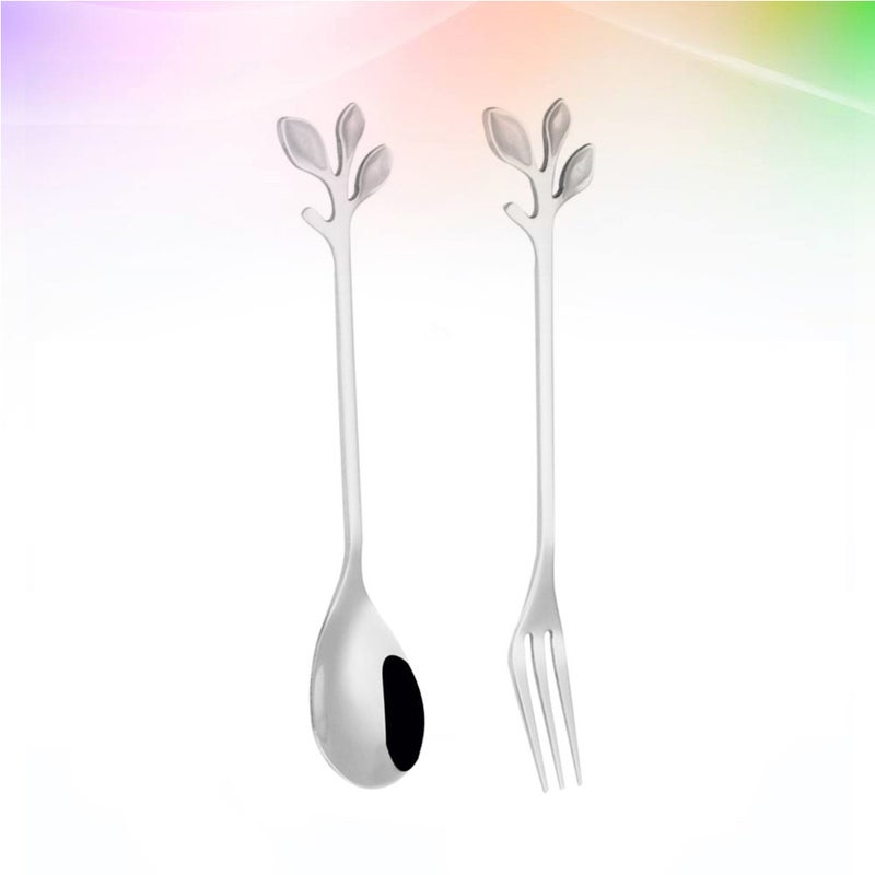 2pcs Stainless Steel Leaf Shape Spoon Ice Cream Scoop Long Handle Spoons for Coffee Dessert (Spoon+Fork) (Silver) - Image 2