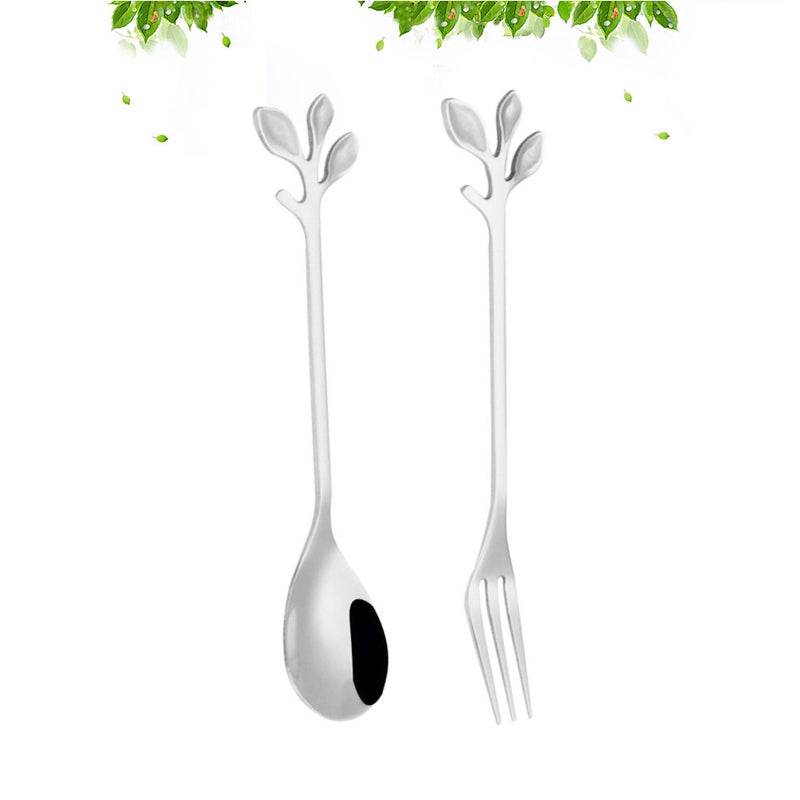 2pcs Stainless Steel Leaf Shape Spoon Ice Cream Scoop Long Handle Spoons for Coffee Dessert (Spoon+Fork) (Silver) - Image 4