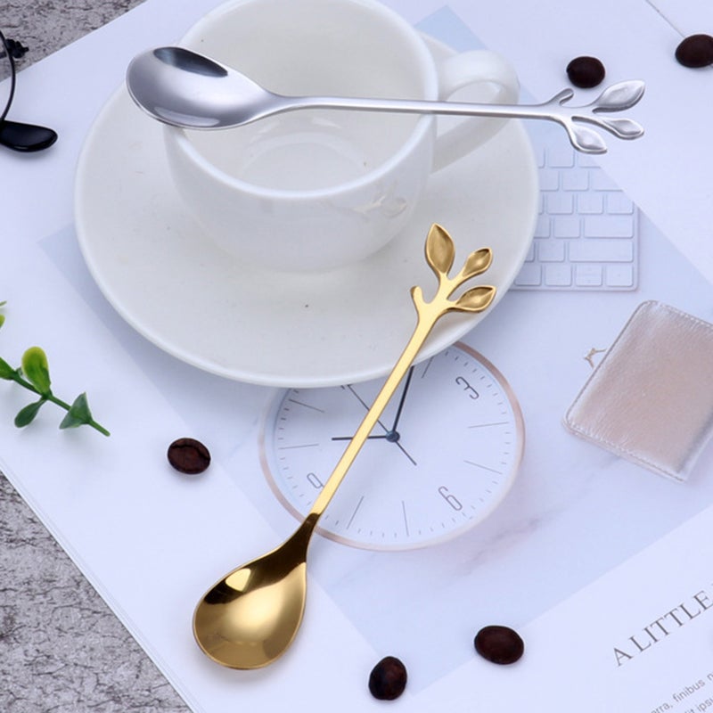 2pcs Stainless Steel Leaf Shape Spoon Ice Cream Scoop Long Handle Spoons for Coffee Dessert (Spoon+Fork) (Silver) - Image 5