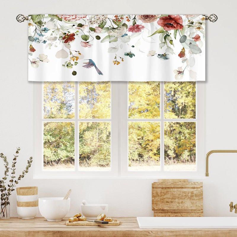 Laifzere Laifzere Spring Floral Curtain Valance for Window Treatments Red Flower Botanical Rod Pocket Kitchen Treatment Plant Colorful Wildflower Window Drapes for Bathroom Bedroom Living Room (52x18 Inch)  - Image 1