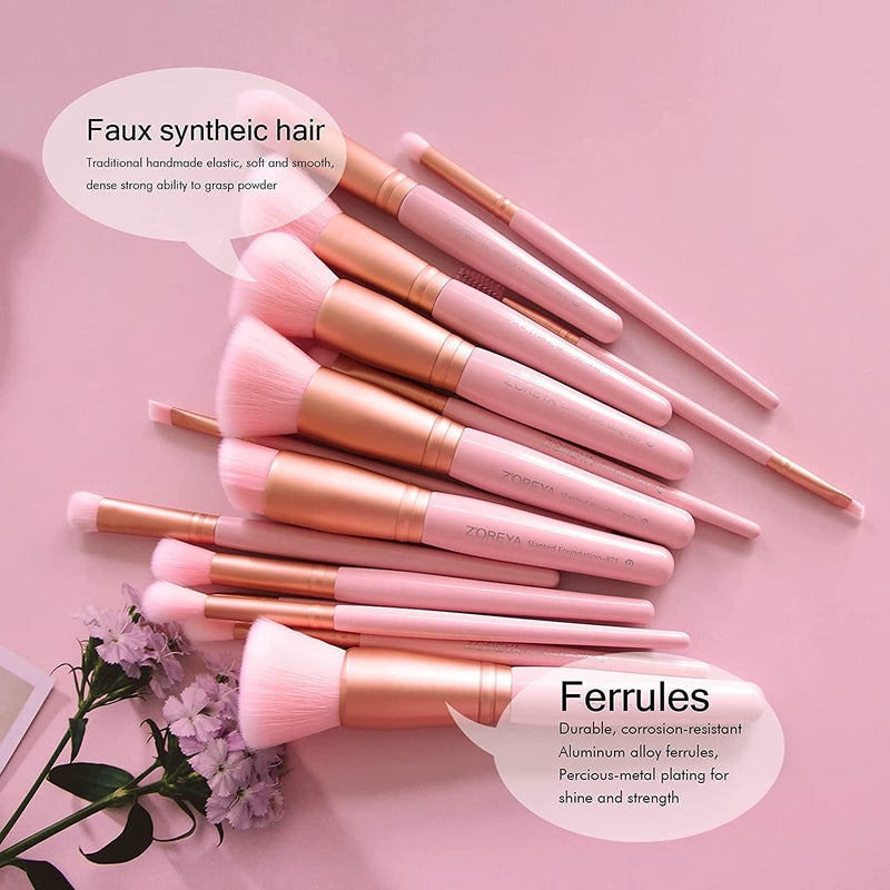 Raffaello ZOREYA Makeup Brush Set - 15 Pcs Premium Synthetic Foundation Concealers Eye Shadows Make Up Brush,Eyeliner Brushes(Pink) - Image 2
