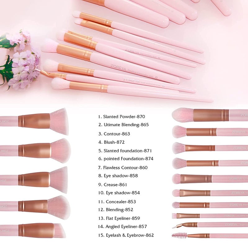 Raffaello ZOREYA Makeup Brush Set - 15 Pcs Premium Synthetic Foundation Concealers Eye Shadows Make Up Brush,Eyeliner Brushes(Pink) - Image 4