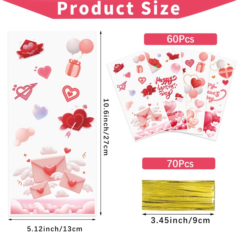 QOIUSO Valentines Goodie Bags, 60Pcs Valentines Treat Bags for Candy Goody Snacks Gifts Packing, Valentines Day Cellophane Bags With 70Pcs Twist Ties for Kids Classroom Party Favors - 4 Lovely Style - Image 2