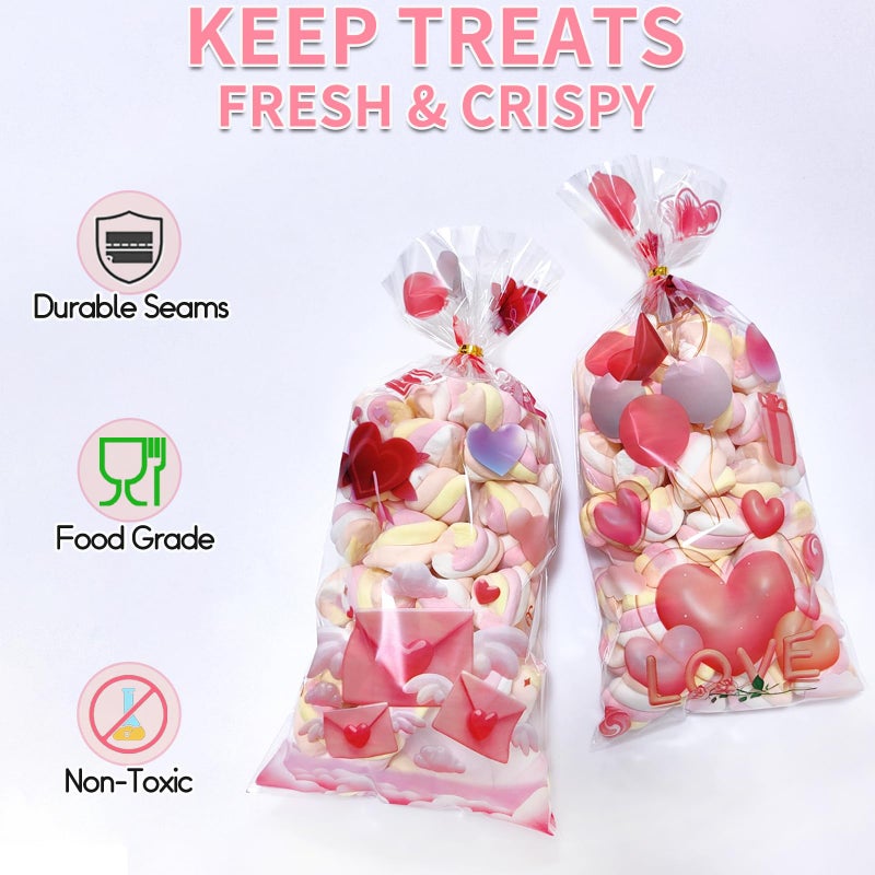 QOIUSO Valentines Goodie Bags, 60Pcs Valentines Treat Bags for Candy Goody Snacks Gifts Packing, Valentines Day Cellophane Bags With 70Pcs Twist Ties for Kids Classroom Party Favors - 4 Lovely Style - Image 4