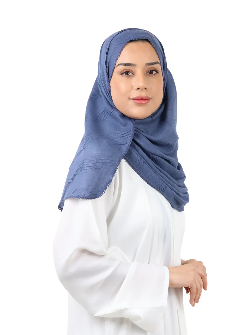 Jameela Wave Pattern Cotton Crush Scarf with Lace Trim (Navy Blue)