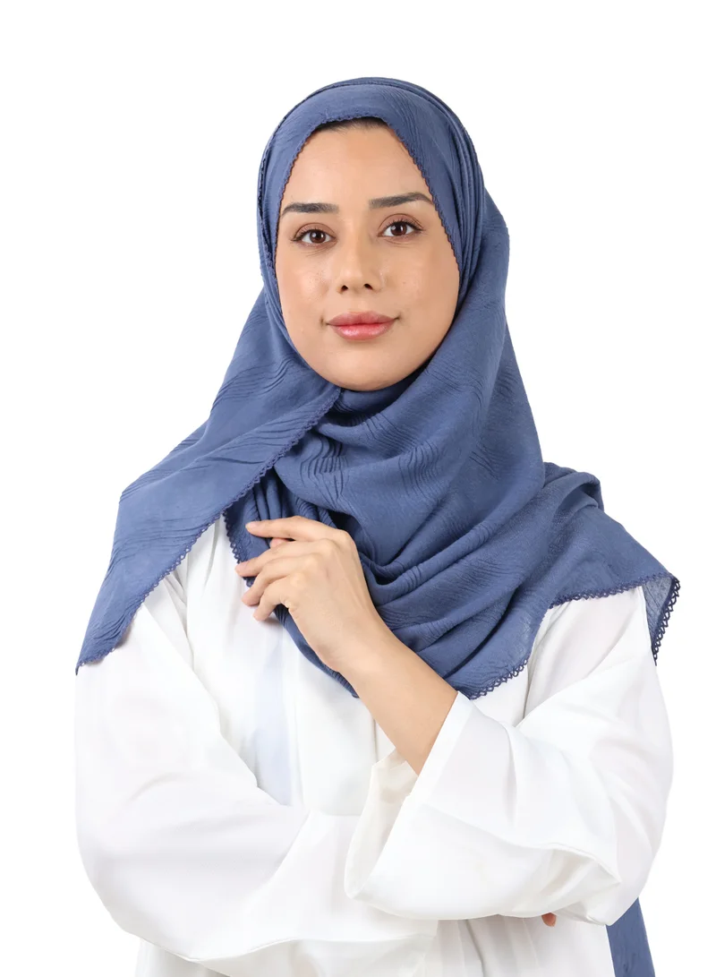 Wave Pattern Cotton Crush Scarf with Lace Trim (Navy Blue)