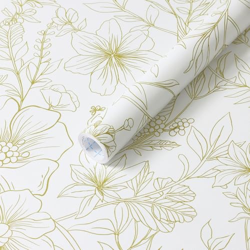 GloryTik Peel and Stick Wallpaper Floral Contact Paper Modern White and Gold Removable Self Adhesive Wall Paper for Bathroom Bedroom Cabinets Boho Vinyl Roll Papel Tapiz para Pared 17.3"x78.7" - Image 1