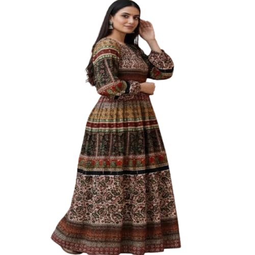 Ukal Women's Cotton Jaipuri Sanganeri Print Midi Long Dress, Fit and Flare Maxi Dress A-Line Gown, Mandala (Free Size, Plus Size, Multi) - Image 3