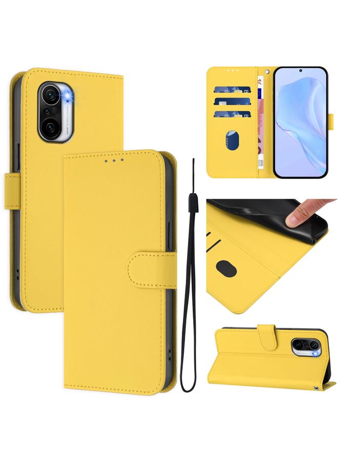 The Bros Case For Xiaomi Poco F3 Skin Feel Solid Color Leather Phone Case with Lanyard