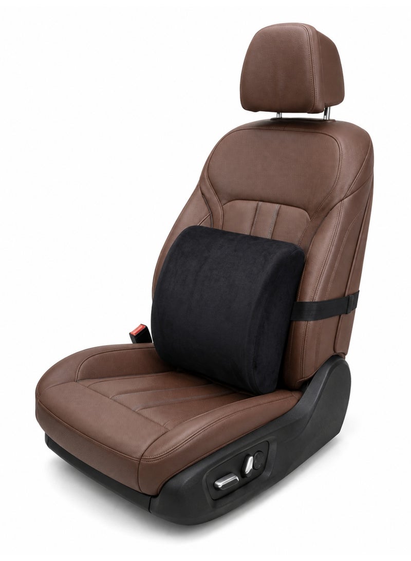 Comfortable Lumbar Support Cushion for Office Chair and Car Seat, High Quality Shape Retaining Foam with Soft Velvet Cover and Adjustable Fixing Strap - Image 1