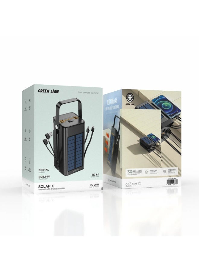 GREEN LION 100000mAh Solar X Power Bank PD 20W, Solar PowerBank with BuiltIn Cables (USB-A/2xUSB-C/Lightning) & Flashlight, USB-C & Lightning Input & Output, 4xUSB-A & 1xUSB-Micro Outputs, Digital Display, Portable Handle, Portable Power Station Ideal for Camping, Hiking and Outdoor Long Adventures - Black - Image 3