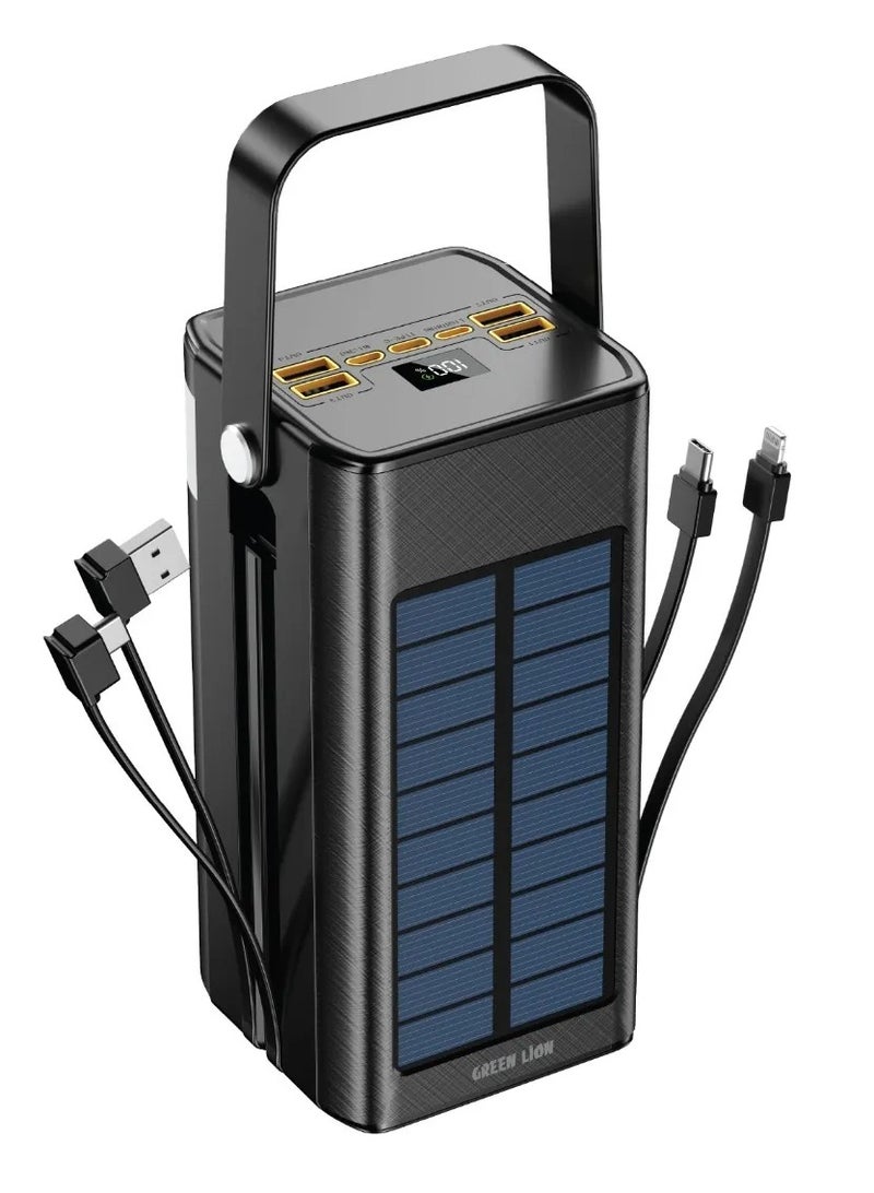GREEN LION 100000mAh Solar X Power Bank PD 20W, Solar PowerBank with BuiltIn Cables (USB-A/2xUSB-C/Lightning) & Flashlight, USB-C & Lightning Input & Output, 4xUSB-A & 1xUSB-Micro Outputs, Digital Display, Portable Handle, Portable Power Station Ideal for Camping, Hiking and Outdoor Long Adventures - Black - Image 1