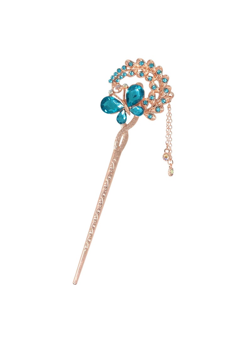 HONBAY - Honbay Fashion Long Hair Decoration Chinese Traditional Style Retro Tassel Alloy Blue Butterfly Hair Stick Hair Chopsticks Hairpin Chignon Pin - Image 1