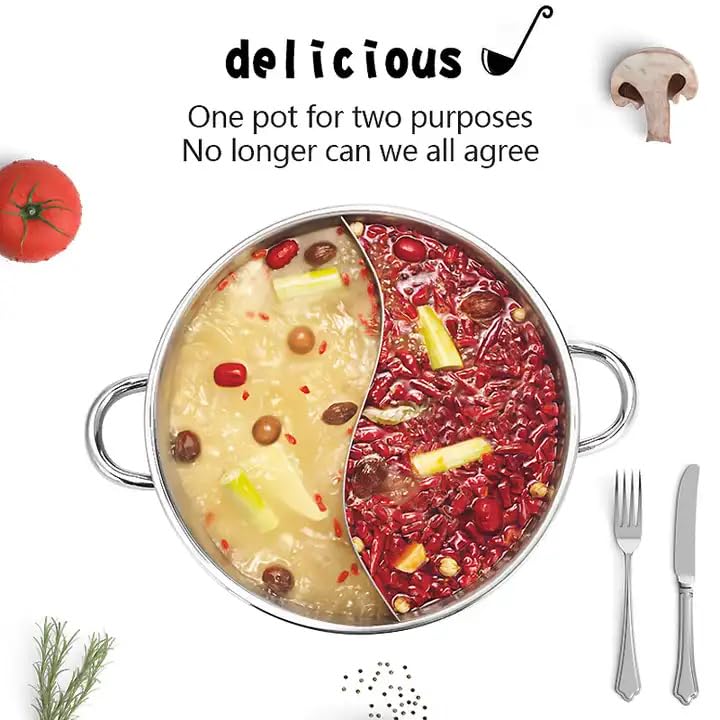 MUGATH Mugath Steel Hot Pot with Divider, Shabu Shabu Pot with Glass Lid, Hot Pot Set,Hot Pot with Divider,Hot Pots Food Grade Stainless Steel Chinese Dual Sided Pot Set for Induction Cooktop Gas Stove  - Image 2