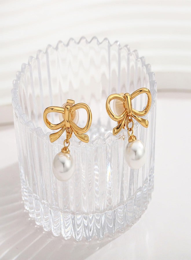 WOWORAMA Pearl Bow Clip On Earrings for Women Dainty Gold Bow Clips Earrings Simple Trendy Pearl Clip-On Earring Non Pierced Jewelry - Image 5