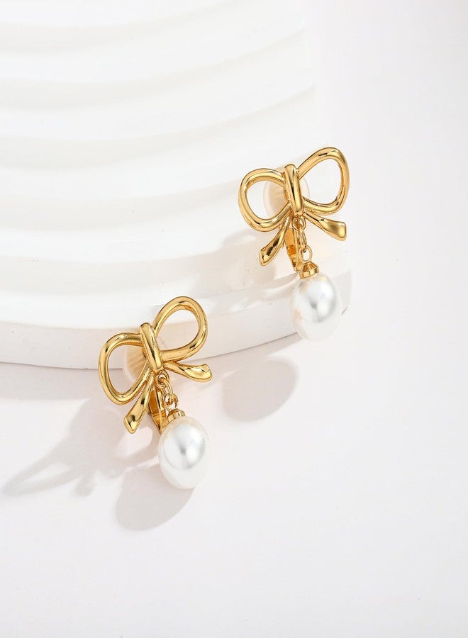 WOWORAMA Pearl Bow Clip On Earrings for Women Dainty Gold Bow Clips Earrings Simple Trendy Pearl Clip-On Earring Non Pierced Jewelry - Image 3