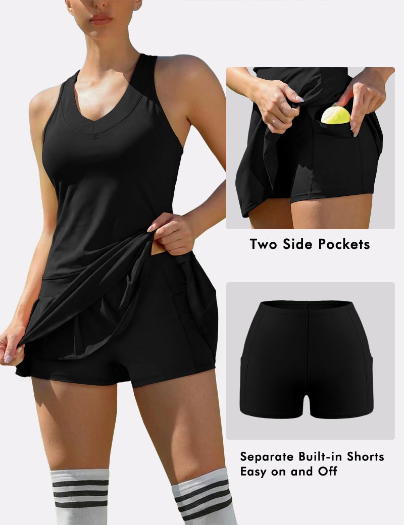 Saslax Women's Tennis Dress with Separate Shorts & Pockets, V-Neck Sleeveless Quick-Dry Workout Athletic Golf Dress Black S - Image 4