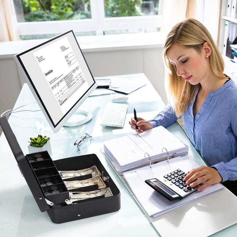 Ostin Large Cash Box with Security Cable Coin Tray Metal Money Box with Tray Key Lock Tiered Locking Cash Boxes Portable Lock Safe Box Adjustable Coin Box Metal Money Box - Image 4