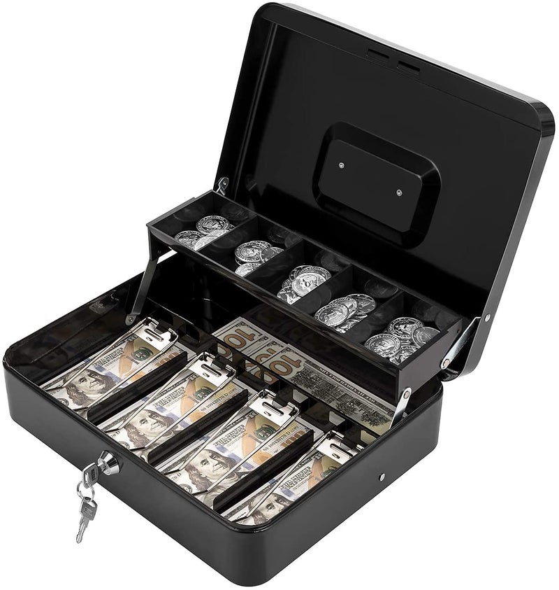 Ostin Large Cash Box with Security Cable Coin Tray Metal Money Box with Tray Key Lock Tiered Locking Cash Boxes Portable Lock Safe Box Adjustable Coin Box Metal Money Box - Image 1