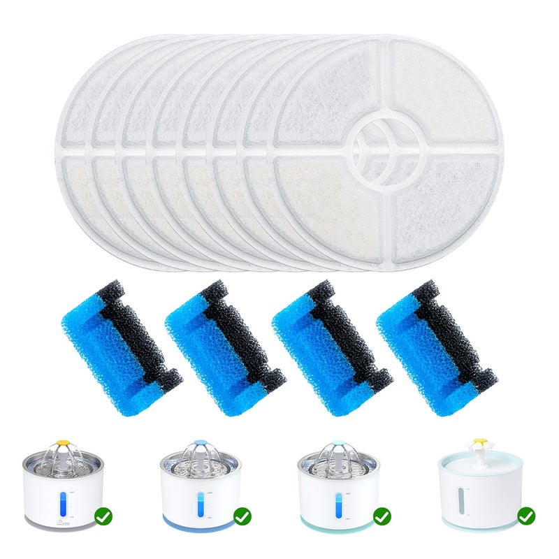 Wonder Creature Cat Water Fountain Filter Replacement, 8 Round Carbon Filters and 4 Upgraded Pre-Filter Sponges for Round Stainless Steel Top Cat Fountain - Image 1