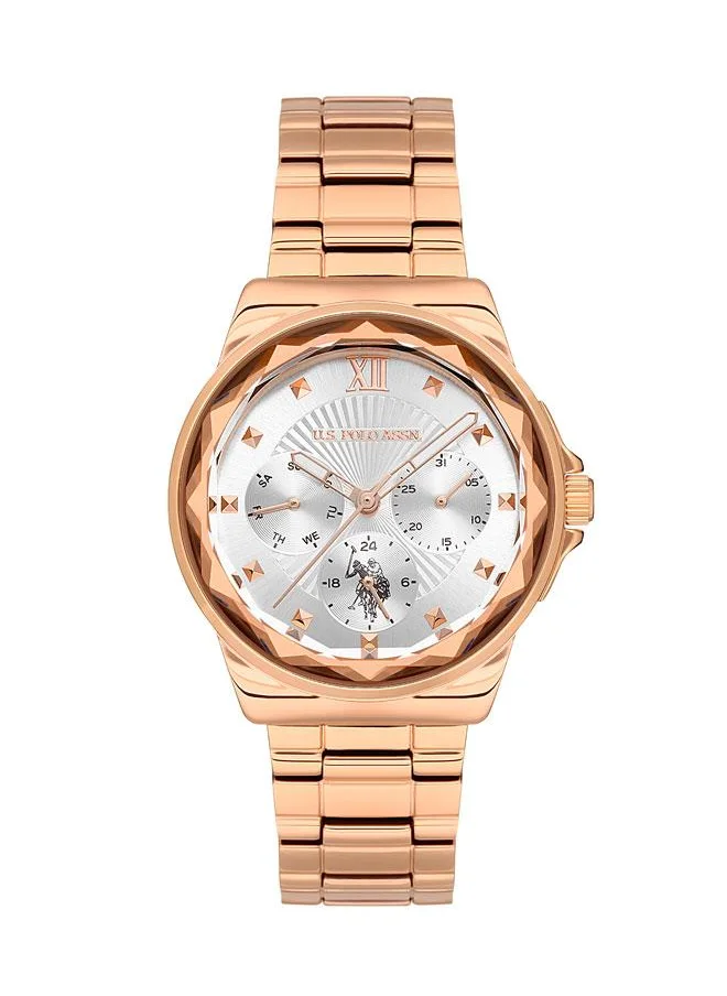 يو اس بولو اسن U.S. Polo Assn. Crossing 35mm Ladies' Classic White Dial Watch with Rose Gold Chronograph & Stainless Steel Band - USPA2065-02