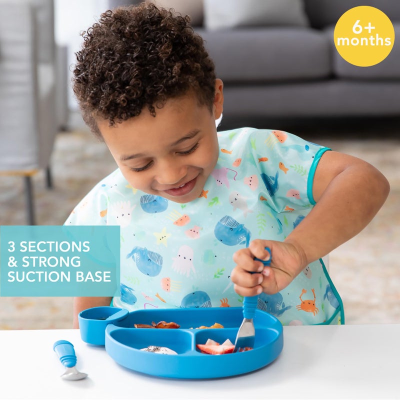 Bumkins Toddler and Baby Suction Plate, Divided Grip Dish for Babies and Kids, Baby Led Weaning, Feeding Supplies, Sticks to Tables and Highchairs, Platinum Silicone, for Children 6 Months, Dark Blue - Image 2