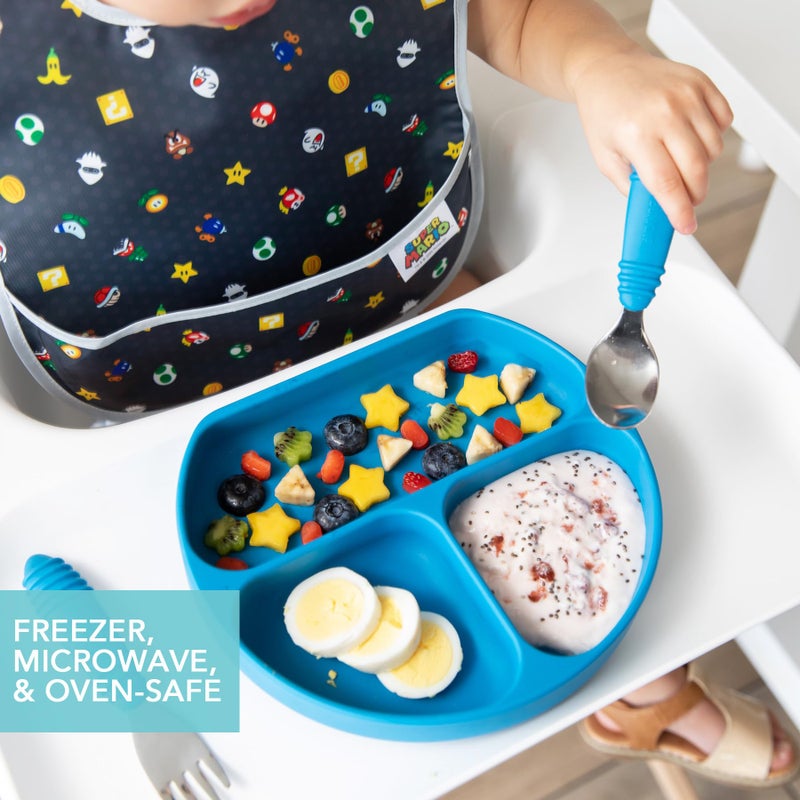 Bumkins Toddler and Baby Suction Plate, Divided Grip Dish for Babies and Kids, Baby Led Weaning, Feeding Supplies, Sticks to Tables and Highchairs, Platinum Silicone, for Children 6 Months, Dark Blue - Image 4