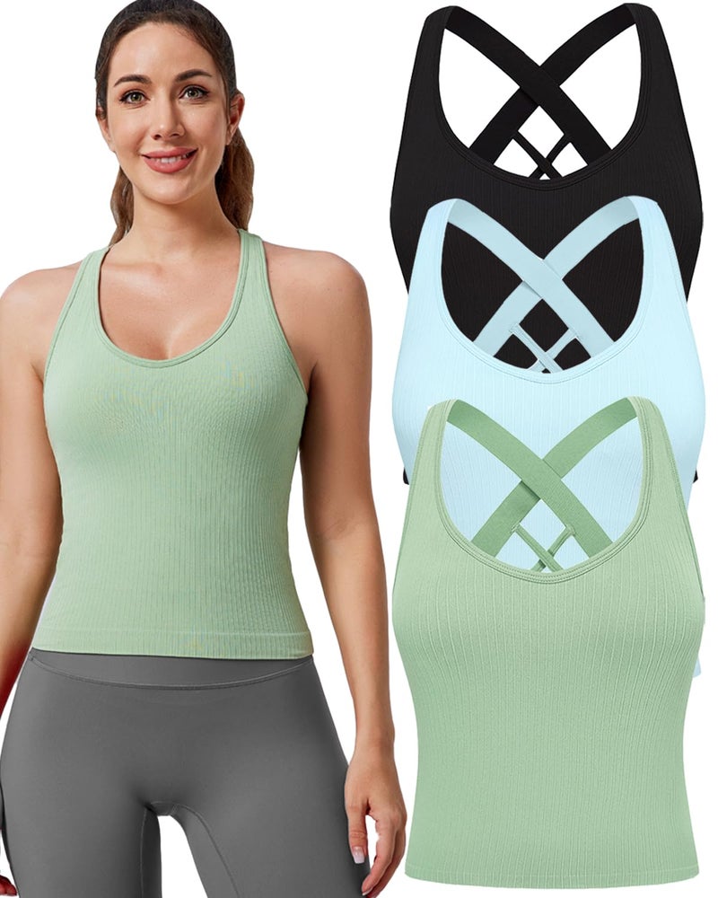 Evercute Workout Yoga Crop Tank Tops for Women 1/2/3 Pack Criss Cross Strappy Tops with Built in Bra Ribbed Seamless Tanks - Image 1