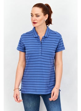 Timberland Women Spread Collar Short Sleeve Striped Polo Shirt, Blue  - Image 1