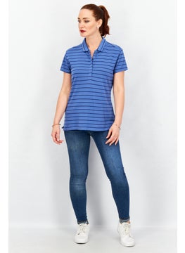 Timberland Women Spread Collar Short Sleeve Striped Polo Shirt, Blue  - Image 4