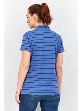 Timberland Women Spread Collar Short Sleeve Striped Polo Shirt, Blue  - Image 3