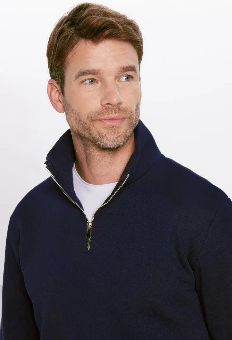 تودورس Unisex Relax Fit Comfortable Cut Cotton Fleece Inside Half Zipper Navy Blue Stand Collar Sweatshirt